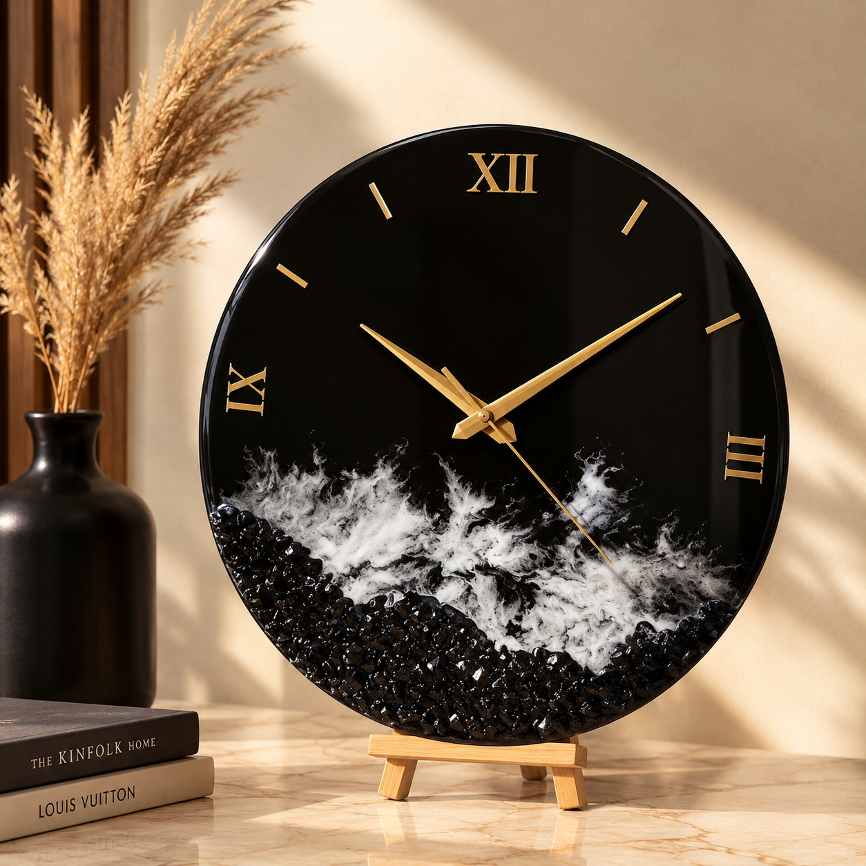 Luxury Black & Gold Resin Wall Clock | Handmade Designer Wall Decor