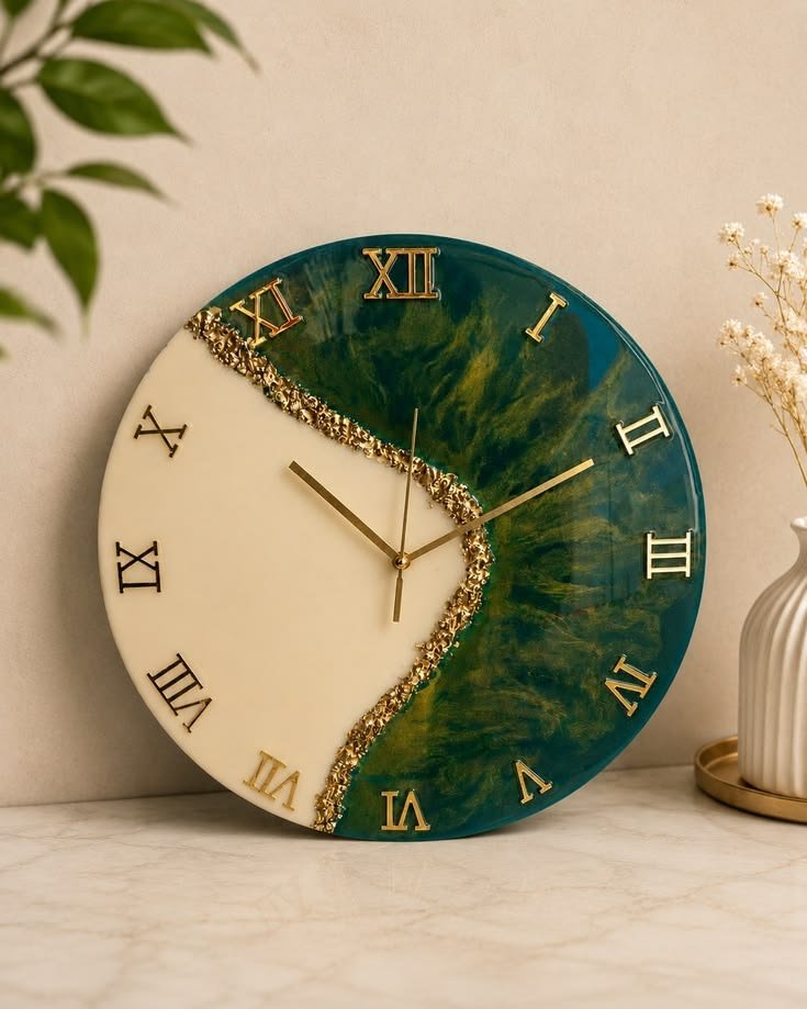 Handmade Emerald Green & Cream Resin Geode Wall Clock with Gold Crystals & Roman Numerals